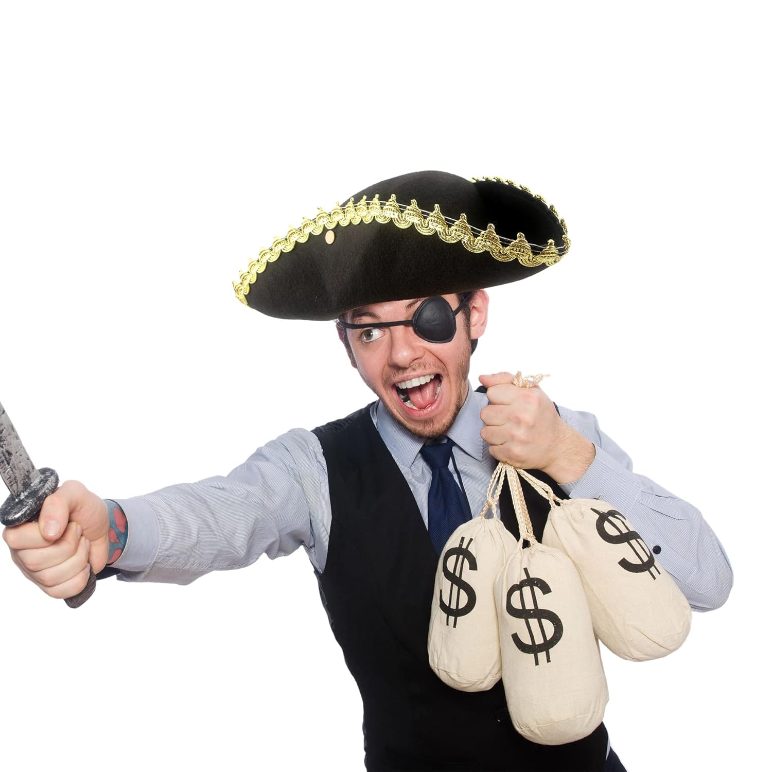 SGBETTER SGBETTER 4 Pack Black Pirate Tricorn Hat with Gold Trimming for Halloween Cosplay and Theme Parties - View 2 of 6