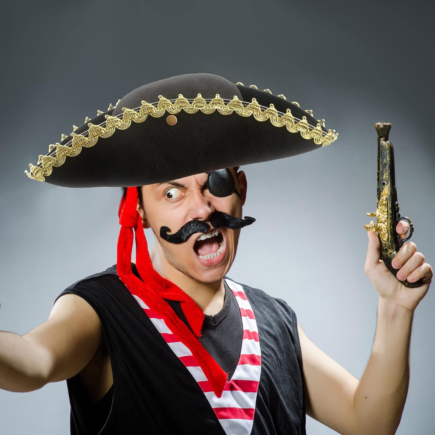 SGBETTER SGBETTER 4 Pack Black Pirate Tricorn Hat with Gold Trimming for Halloween Cosplay and Theme Parties - View 4 of 6