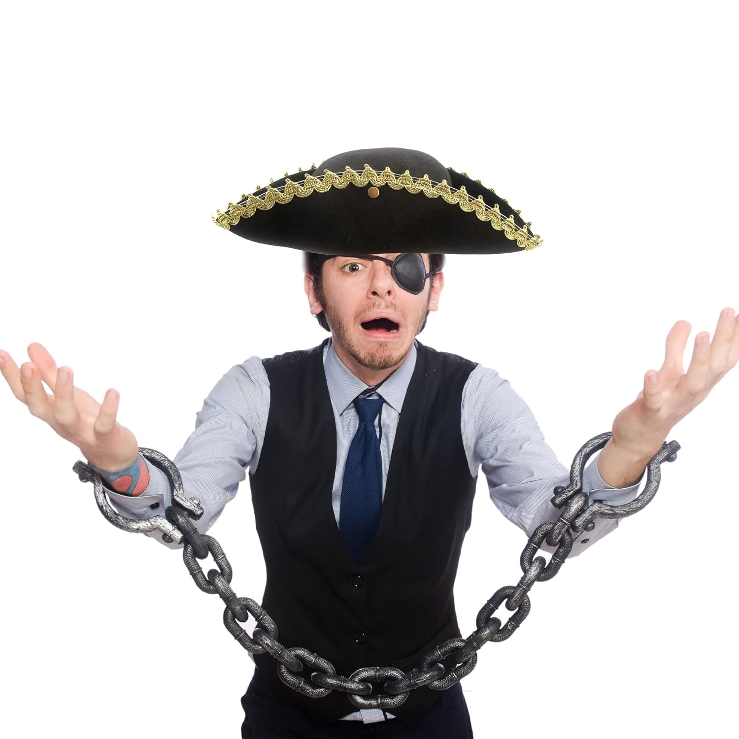 SGBETTER SGBETTER 4 Pack Black Pirate Tricorn Hat with Gold Trimming for Halloween Cosplay and Theme Parties - View 5 of 6