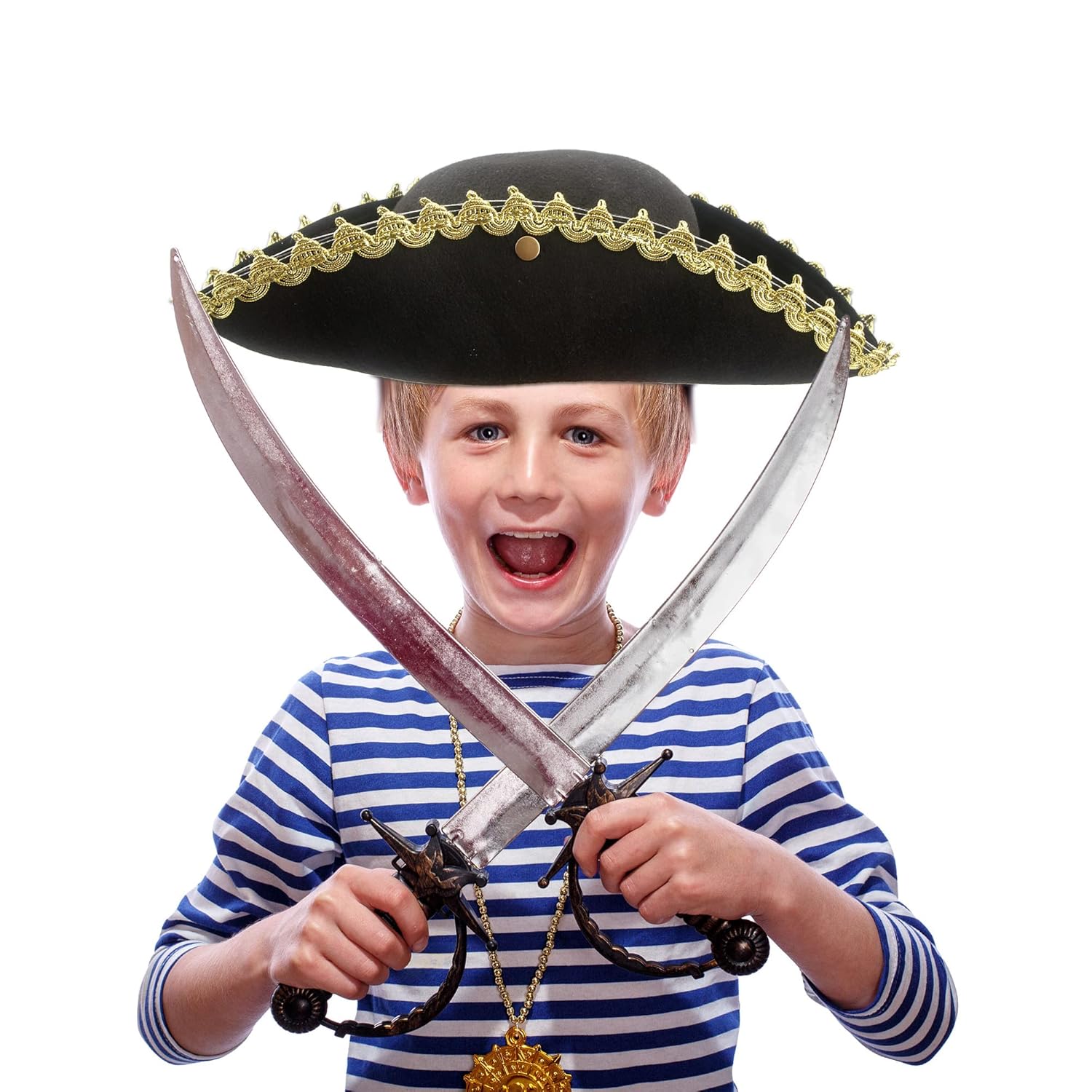 SGBETTER SGBETTER 4 Pack Black Pirate Tricorn Hat with Gold Trimming for Halloween Cosplay and Theme Parties - View 6 of 6