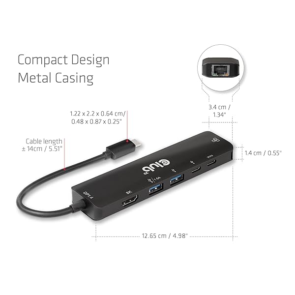 Club 3D Club 3D CSV-1596 USB Gen1 Type-C 6-in-1 Hub: HDMI 8K/4K, 2xUSB-A, RJ45, 2xUSB-C, 100W PD Charging - View 4 of 5