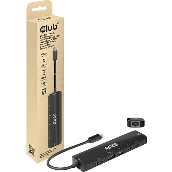Club 3D Club 3D CSV-1596 USB Gen1 Type-C 6-in-1 Hub: HDMI 8K/4K, 2xUSB-A, RJ45, 2xUSB-C, 100W PD Charging - View 3 of 5