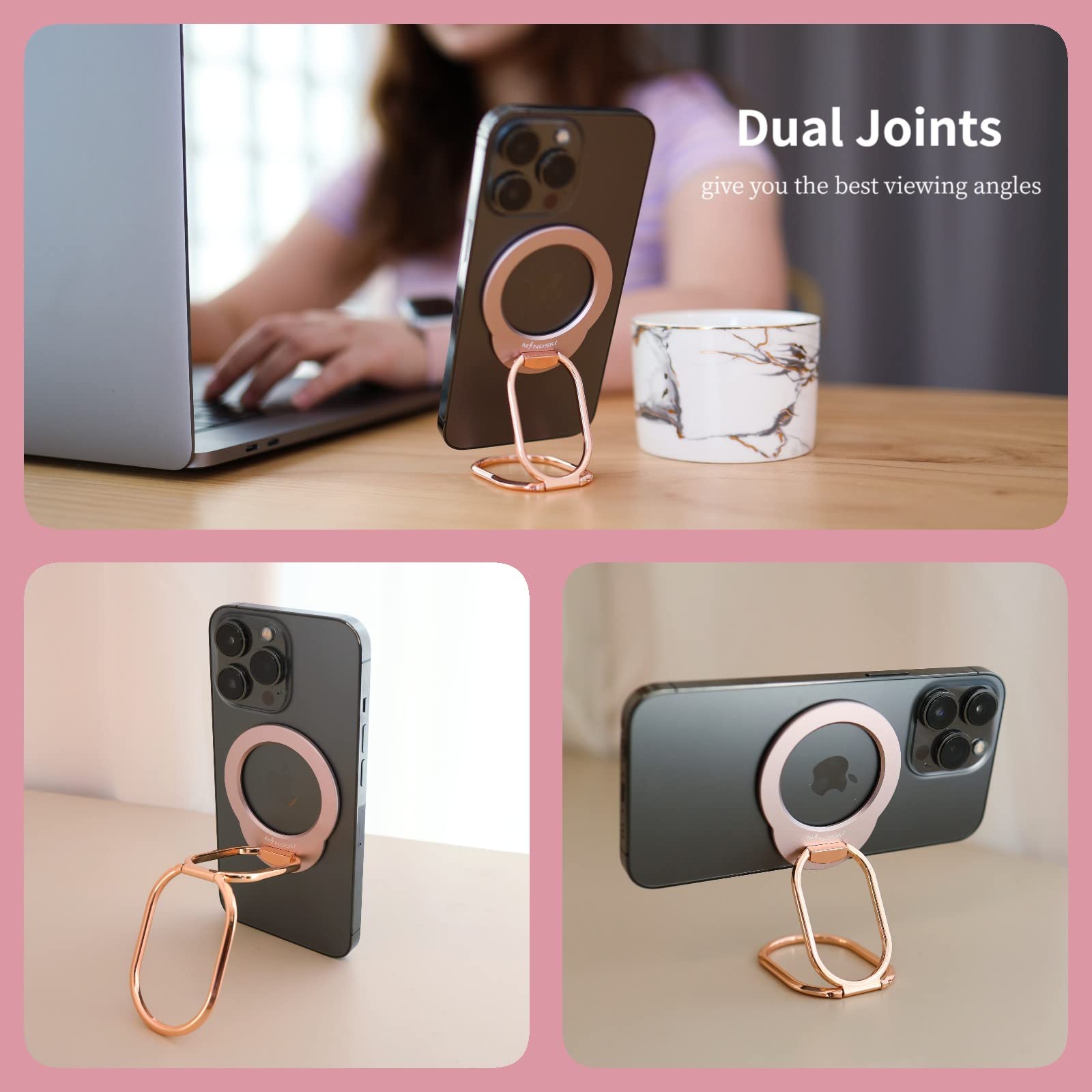 MINDSKY Mag-Safe Phone Stand and Grip for iPhone 12 13 14 15 Mini Pro Pro Max Removable Magnetic Finger Ring in Rosegold Pink - View 2 of 5