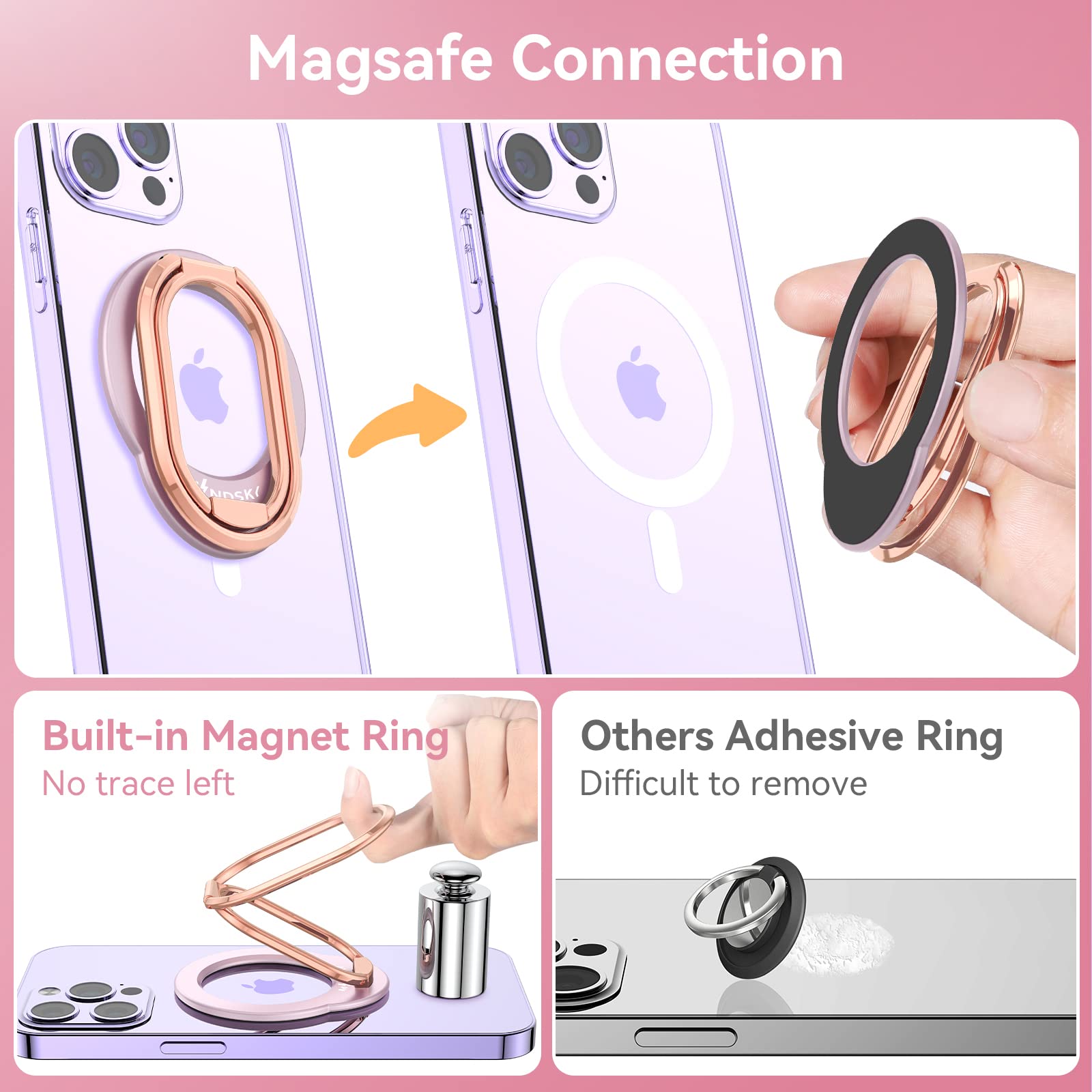 MINDSKY Mag-Safe Phone Stand and Grip for iPhone 12 13 14 15 Mini Pro Pro Max Removable Magnetic Finger Ring in Rosegold Pink - View 5 of 5