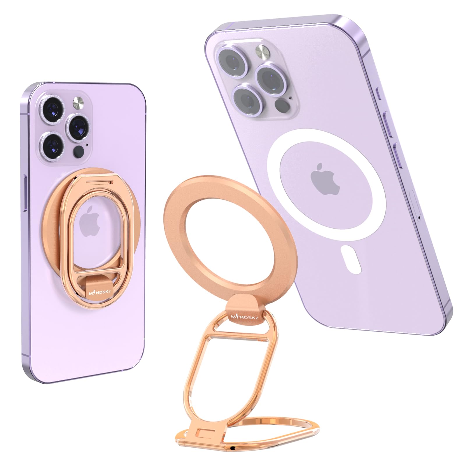 MINDSKY Mag-Safe Phone Stand and Grip for iPhone 12 13 14 15 Mini Pro Pro Max Removable Magnetic Finger Ring in Rosegold Pink