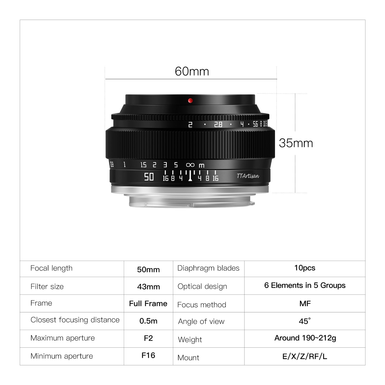 TTARTISAN TTArtisan 50mm f2 Full Frame Manual Focus Lens for Sony E-Mount Cameras A7 A9 A6000 Series - View 5 of 9