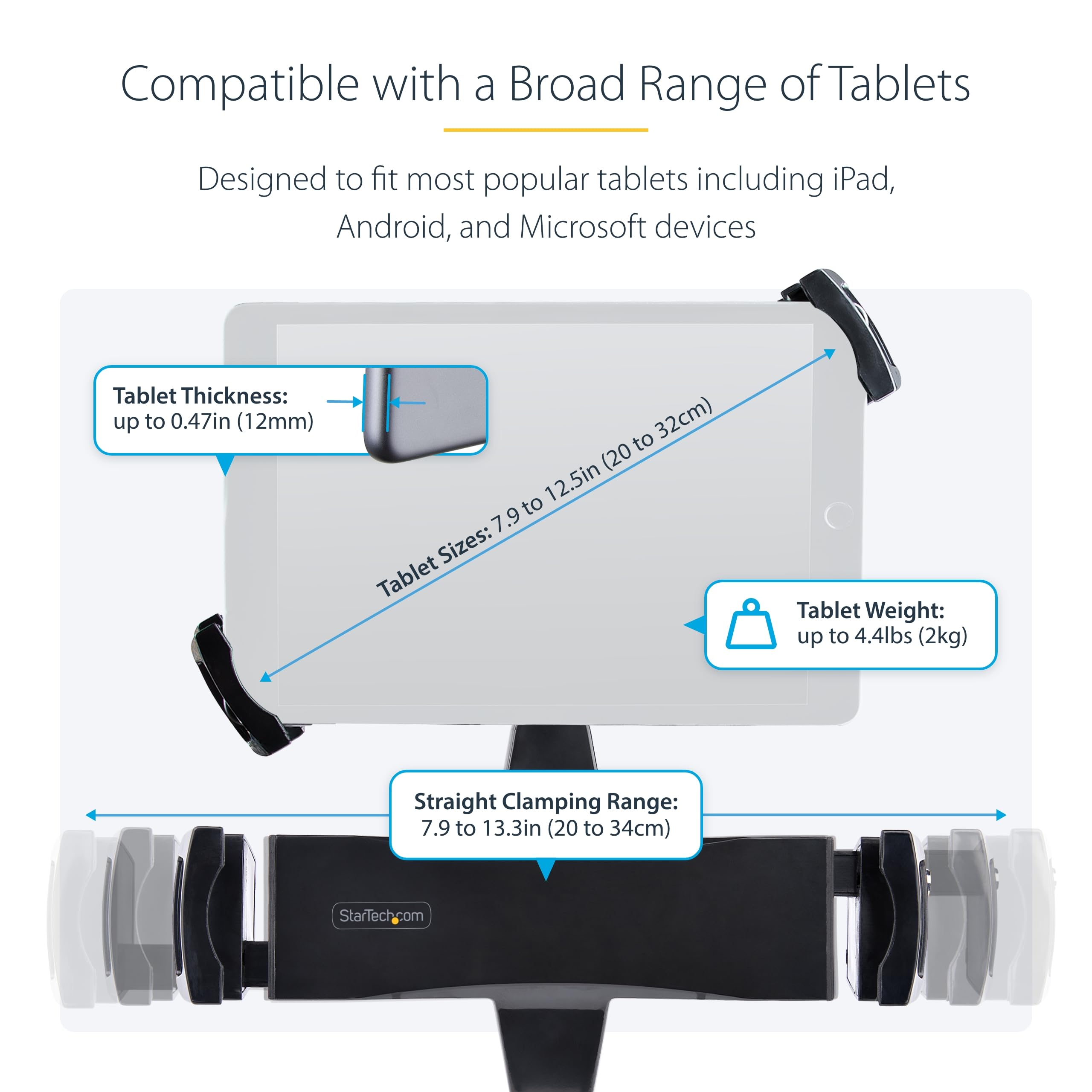 StarTech VESA Mount Adapter for Tablets 7.9 to 12.5 inches Universal Anti-Theft Clamp Secure Tablet Mount 75x75 100x100 Patterns - View 3 of 8