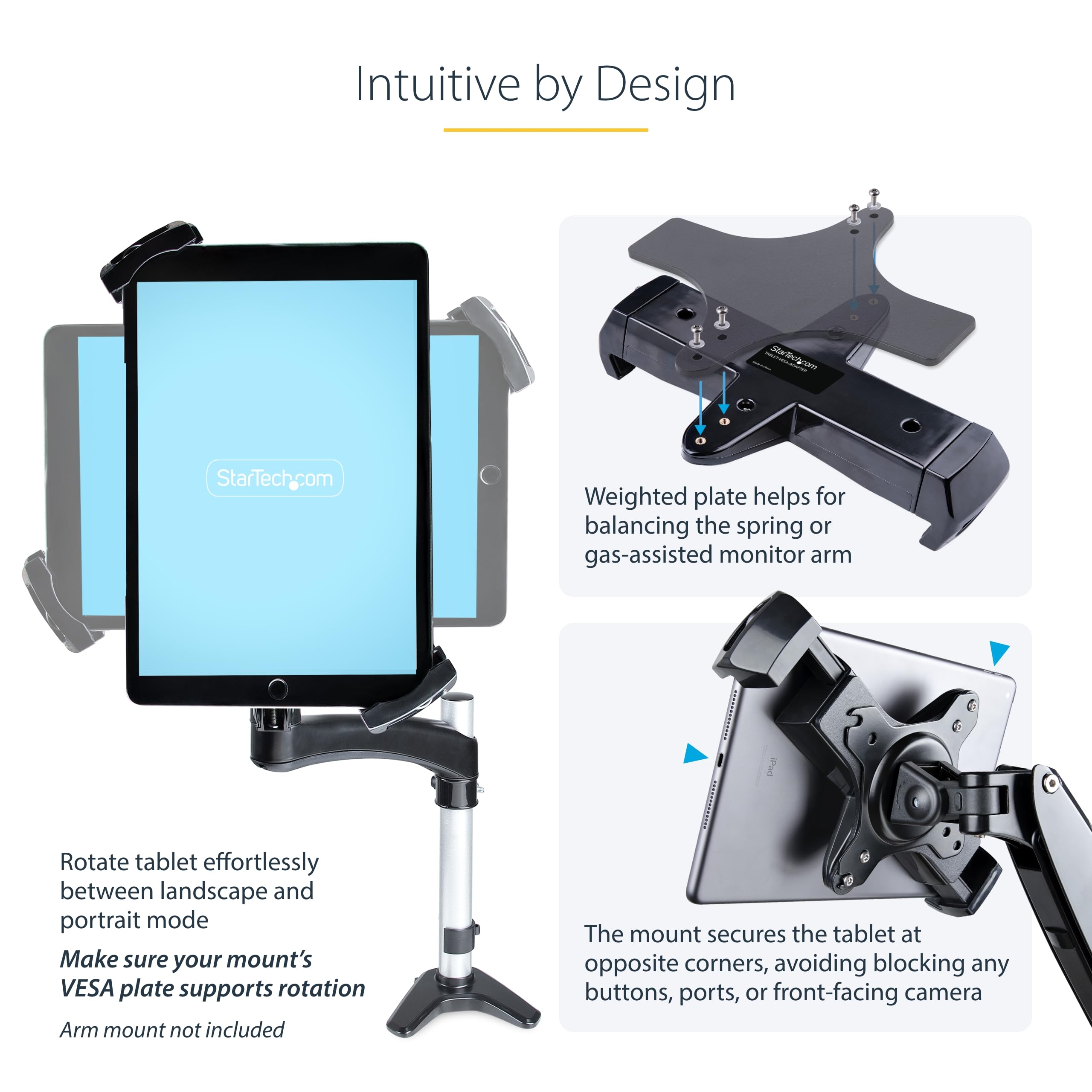 StarTech VESA Mount Adapter for Tablets 7.9 to 12.5 inches Universal Anti-Theft Clamp Secure Tablet Mount 75x75 100x100 Patterns - View 4 of 8