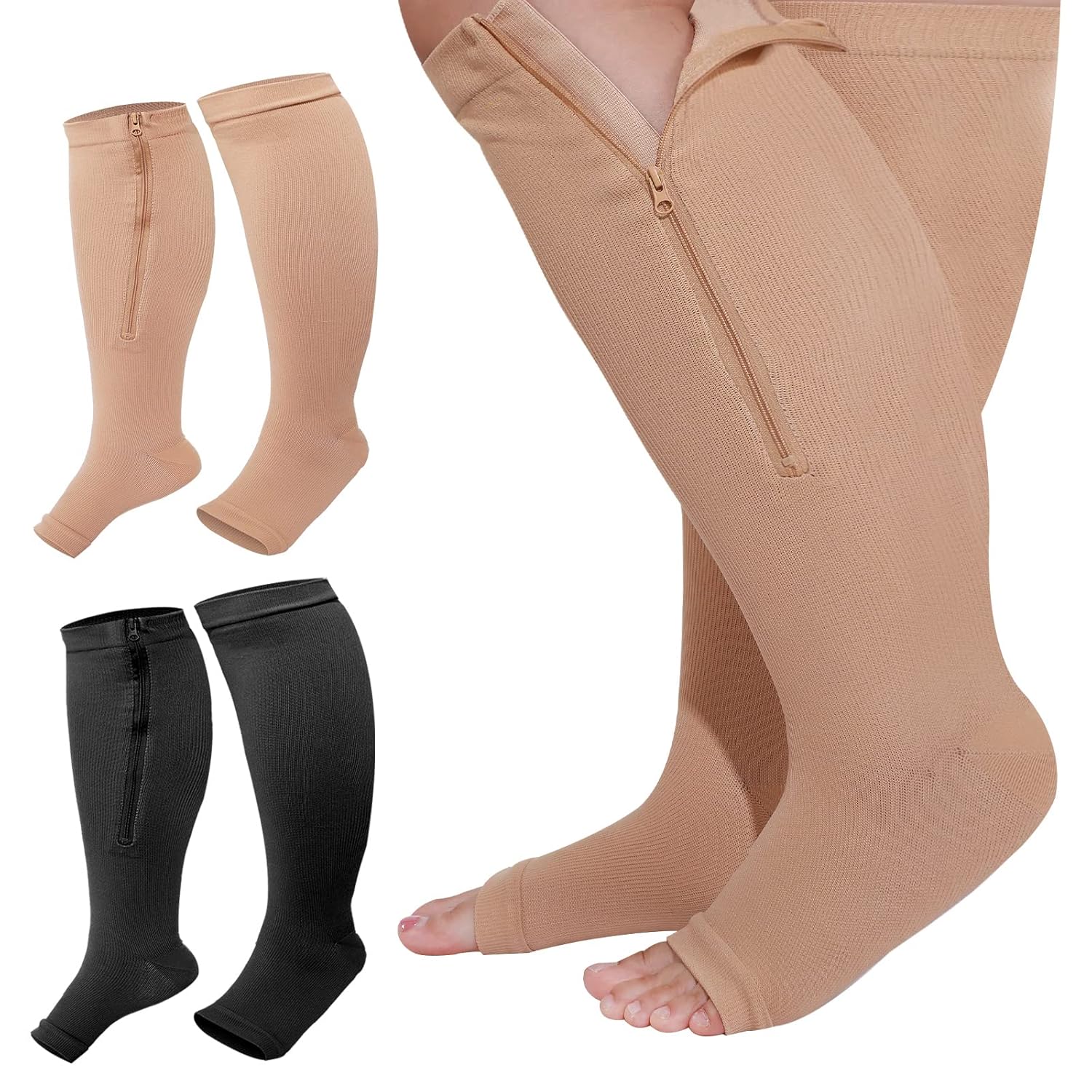 Hillban Hillban Plus Size Calf Zipper Compression Socks 15 to 25 Mmhg Open Toe for Overweight Women Men Black Nude 4 XL