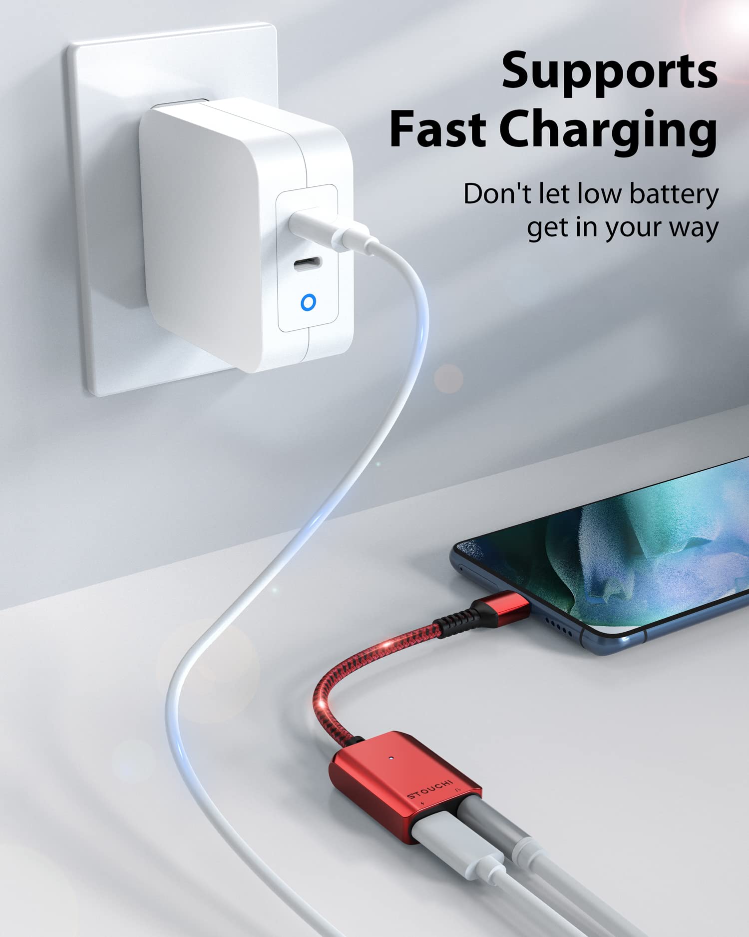 Stouchi Stouchi USB C to 3.5mm Headphone and Charger Adapter 2 in 1 Fast Charging Hi-res DAC Compatible with Samsung Pixel Red - View 2 of 7