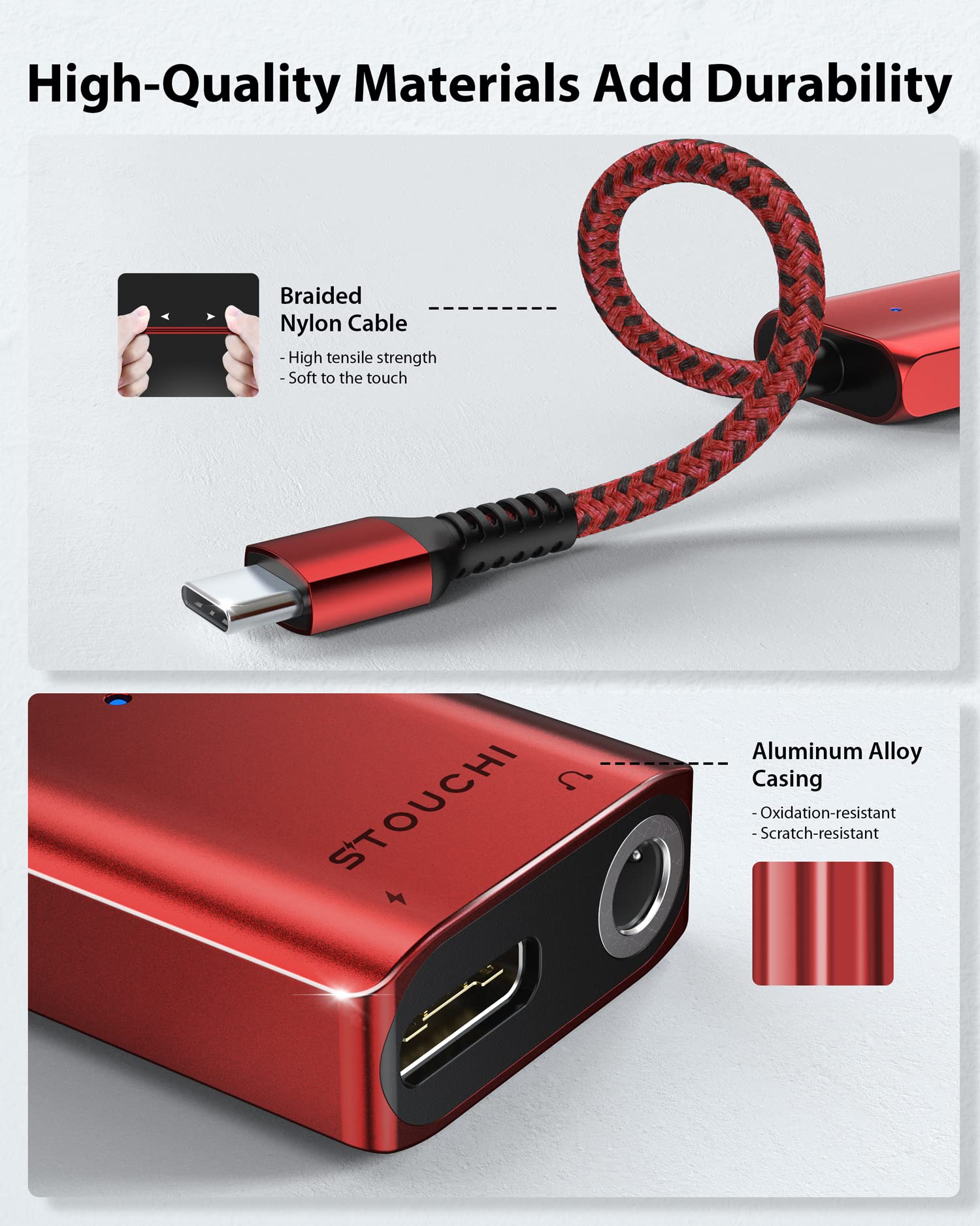 Stouchi Stouchi USB C to 3.5mm Headphone and Charger Adapter 2 in 1 Fast Charging Hi-res DAC Compatible with Samsung Pixel Red - View 3 of 7