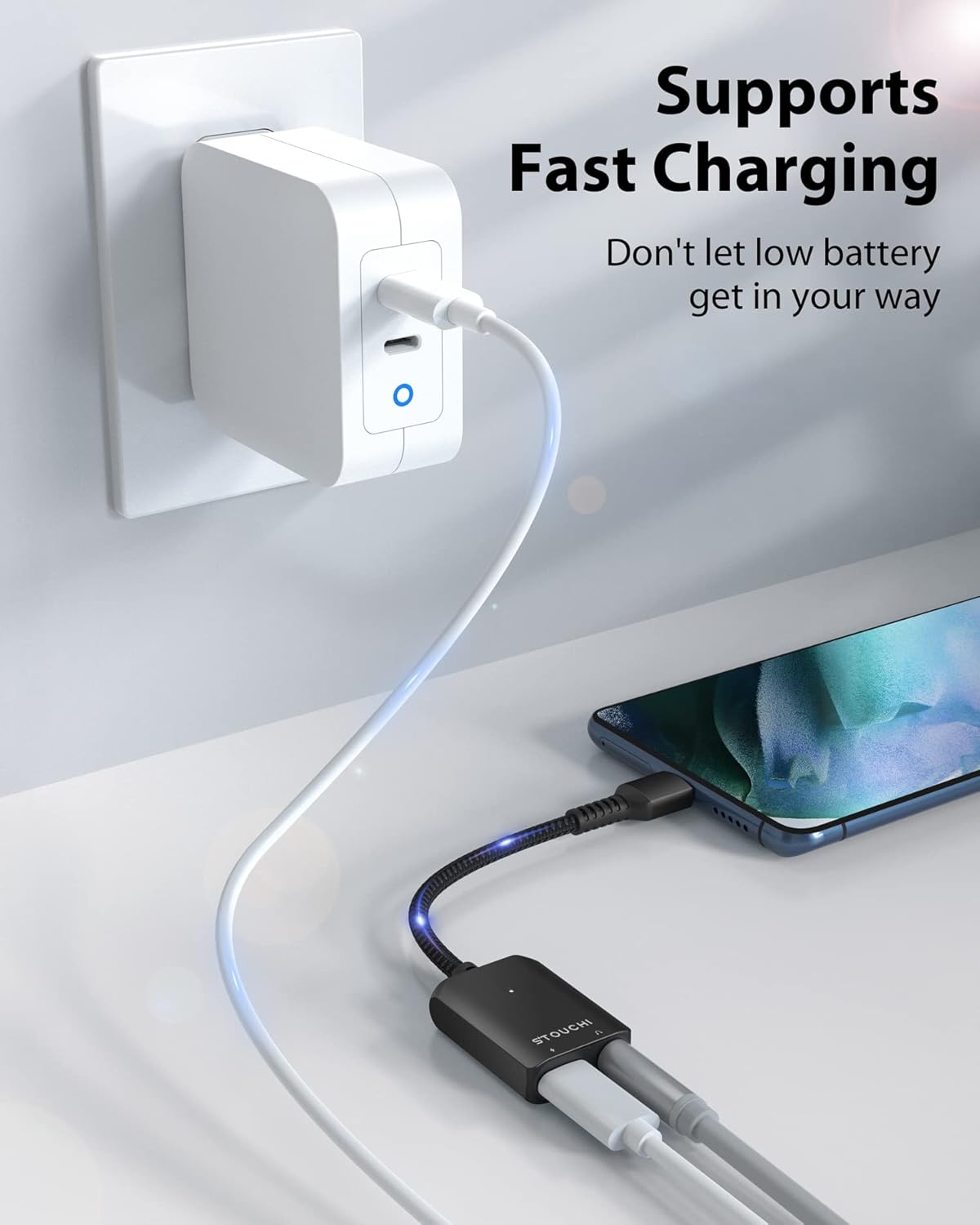 Stouchi Stouchi USB C to 3.5mm Headphone and Charger Adapter 2 in 1 Fast Charging Hi-res DAC Compatible with Samsung Pixel Black - View 2 of 7