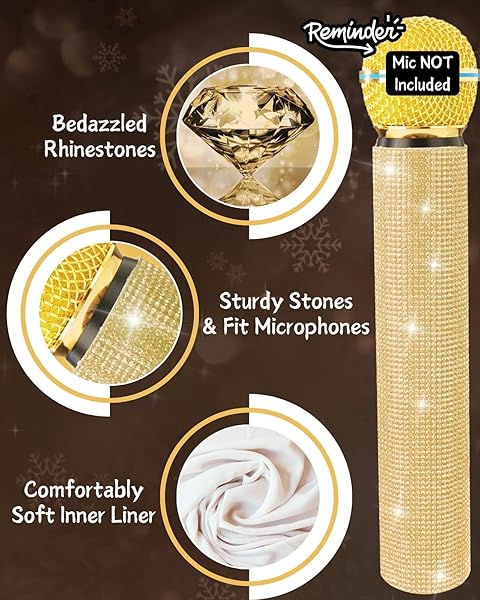 RhymKawa RhymKawa Bedazzled Rhinestones Wireless Microphone Cover Champagne Gold for Universal Cordless Mic Replacement Perfect for Events and Parties - View 5 of 9