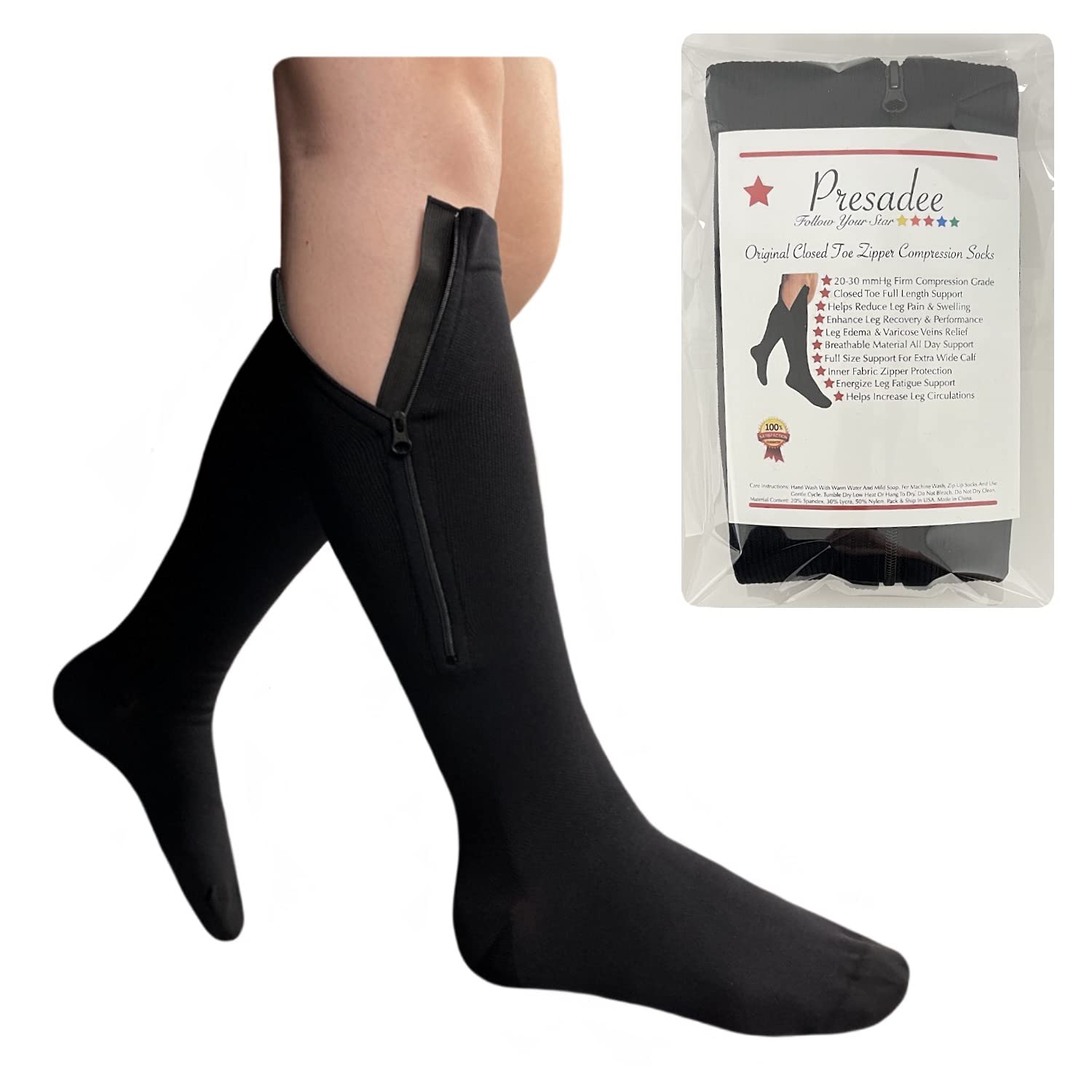 Presadee Presadee Original Closed Toe 20-30 mmHg Zipper Compression Calf Leg Socks 5X-Large Black for Enhanced Support and Comfort