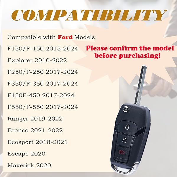 SUPALAND Supaland Flip Key Fob Replacement for Ford F150 F250 F350 Explorer Ecosport Ranger Bronco Maverick Escape Keyless Entry Remote 2015-2023 - View 5 of 11