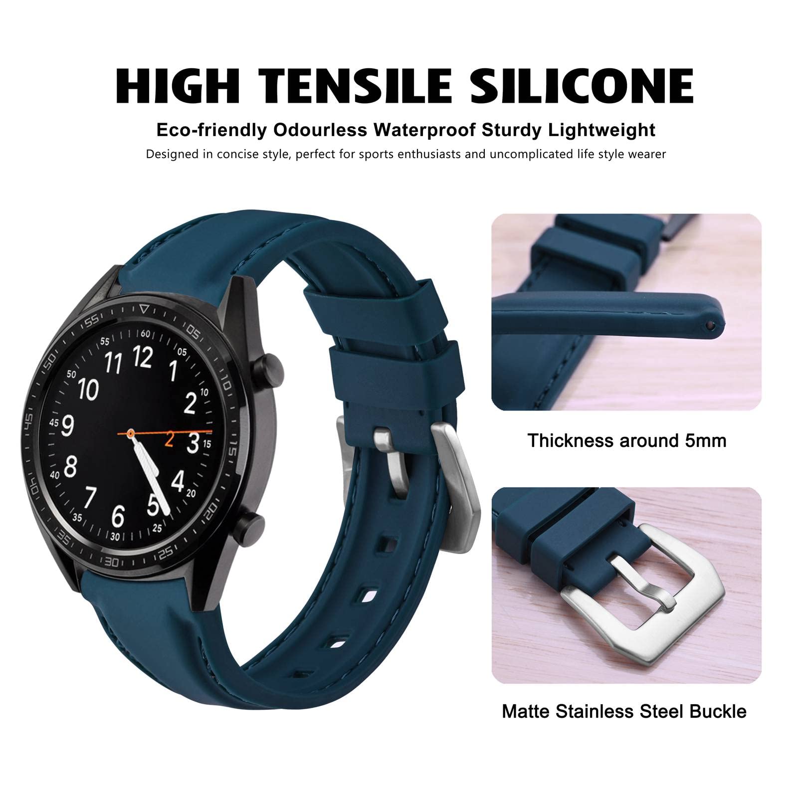 WOCCI WOCCI 20mm Navy Blue Silicone Rubber Watch Band with Silver Buckle for Durable and Stylish Timepiece Replacement - View 2 of 9