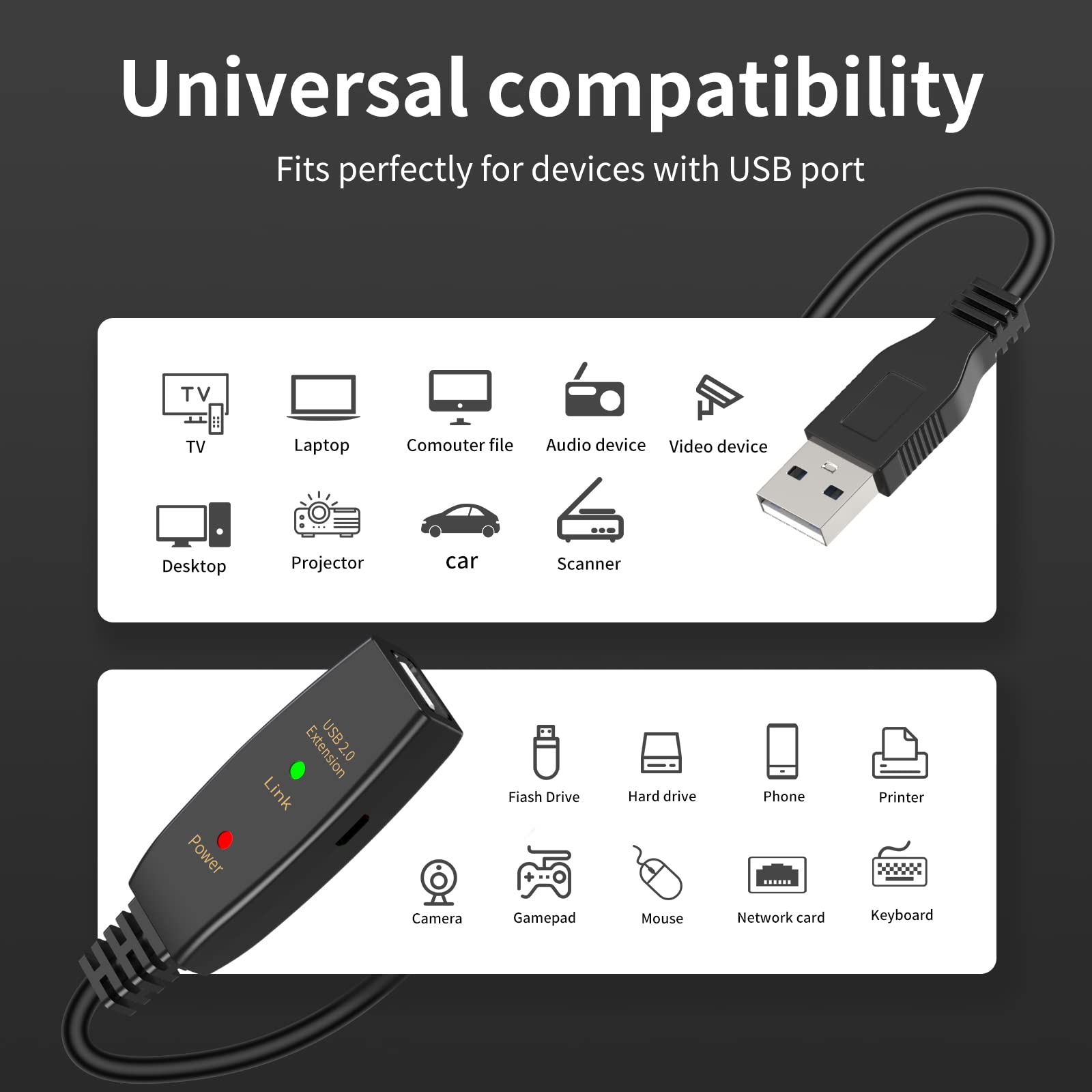 LDKCOK 50FT Active USB Extension Cable 2.0 Male to Female with Signal Booster for Enhanced Performance - View 2 of 7