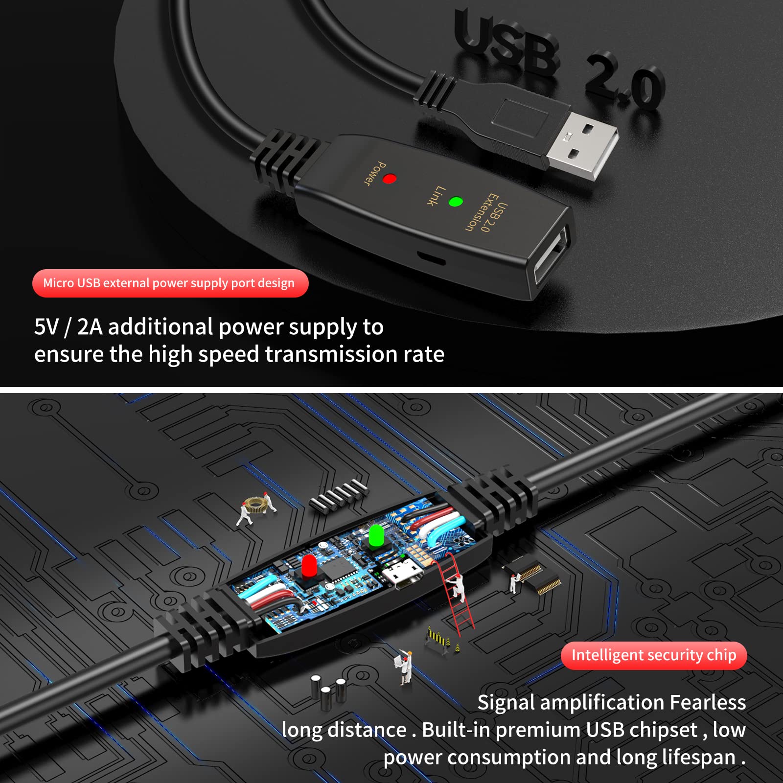 LDKCOK 50FT Active USB Extension Cable 2.0 Male to Female with Signal Booster for Enhanced Performance - View 3 of 7