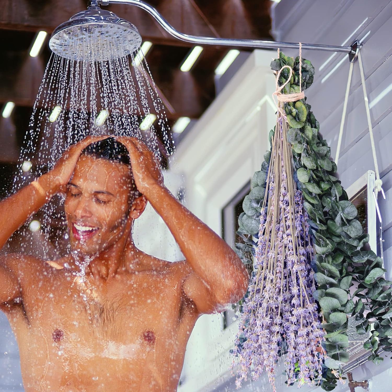 FUKUOKA 115 Pcs Eucalyptus and Lavender Flower Bundles for Shower Natural Decor with Chrysanthemums 17 Inch Upgrade Hanging Plant