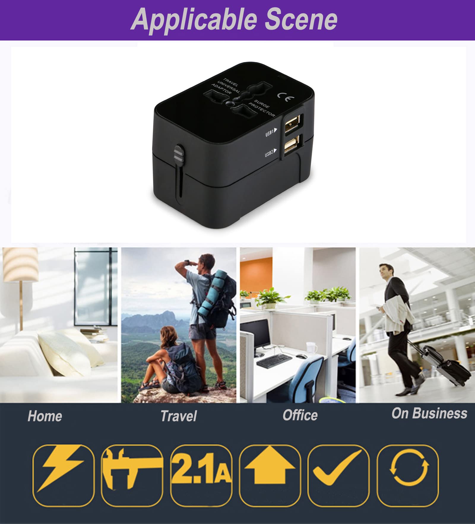 Vishui Premium Travel Adapter Universal Worldwide Power Adapter with Dual USB Charging Ports for AC and Car Power - View 7 of 7