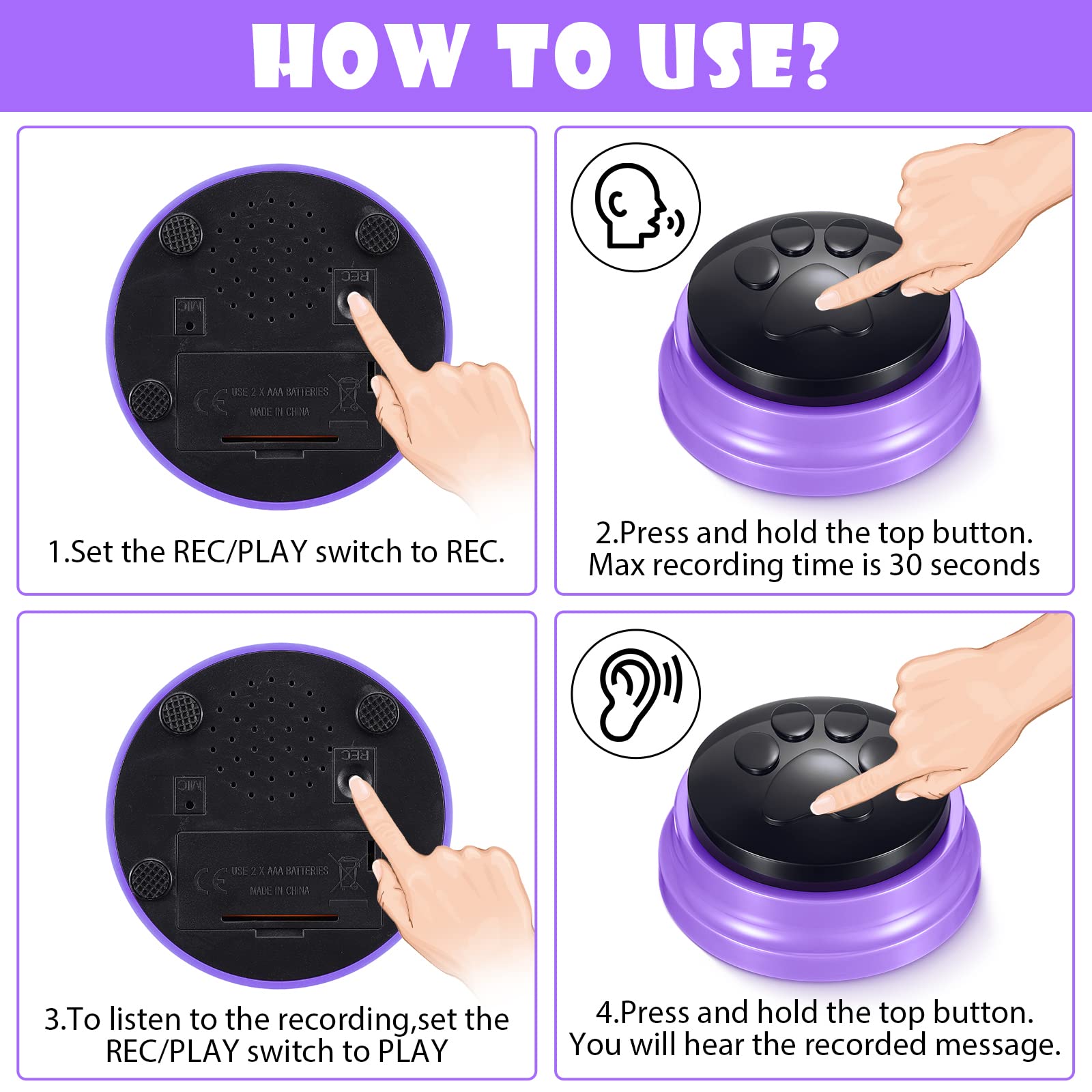 Yunsailing 8 Pack Voice Recording Buttons for Dogs and Cats Communication Pet Training Buzzer 30 Second Recording in 8 Colors - View 7 of 7