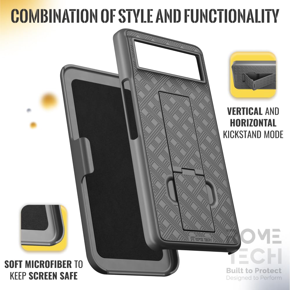 Rome Tech Holster Case for Google Pixel 7 Pro Slim Heavy Duty Shell with Belt Clip and Kickstand Rugged Phone Cover Black - View 5 of 6