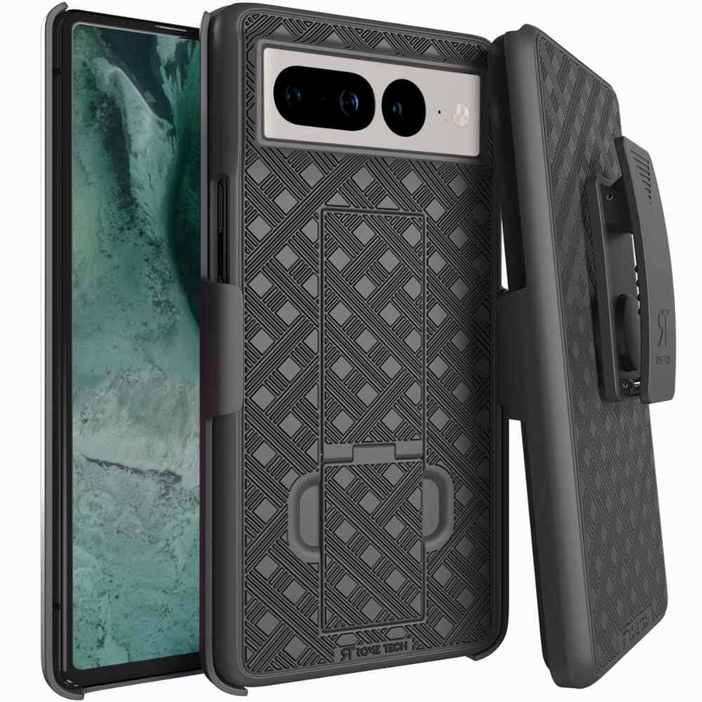 Rome Tech Holster Case for Google Pixel 7 Pro Slim Heavy Duty Shell with Belt Clip and Kickstand Rugged Phone Cover Black