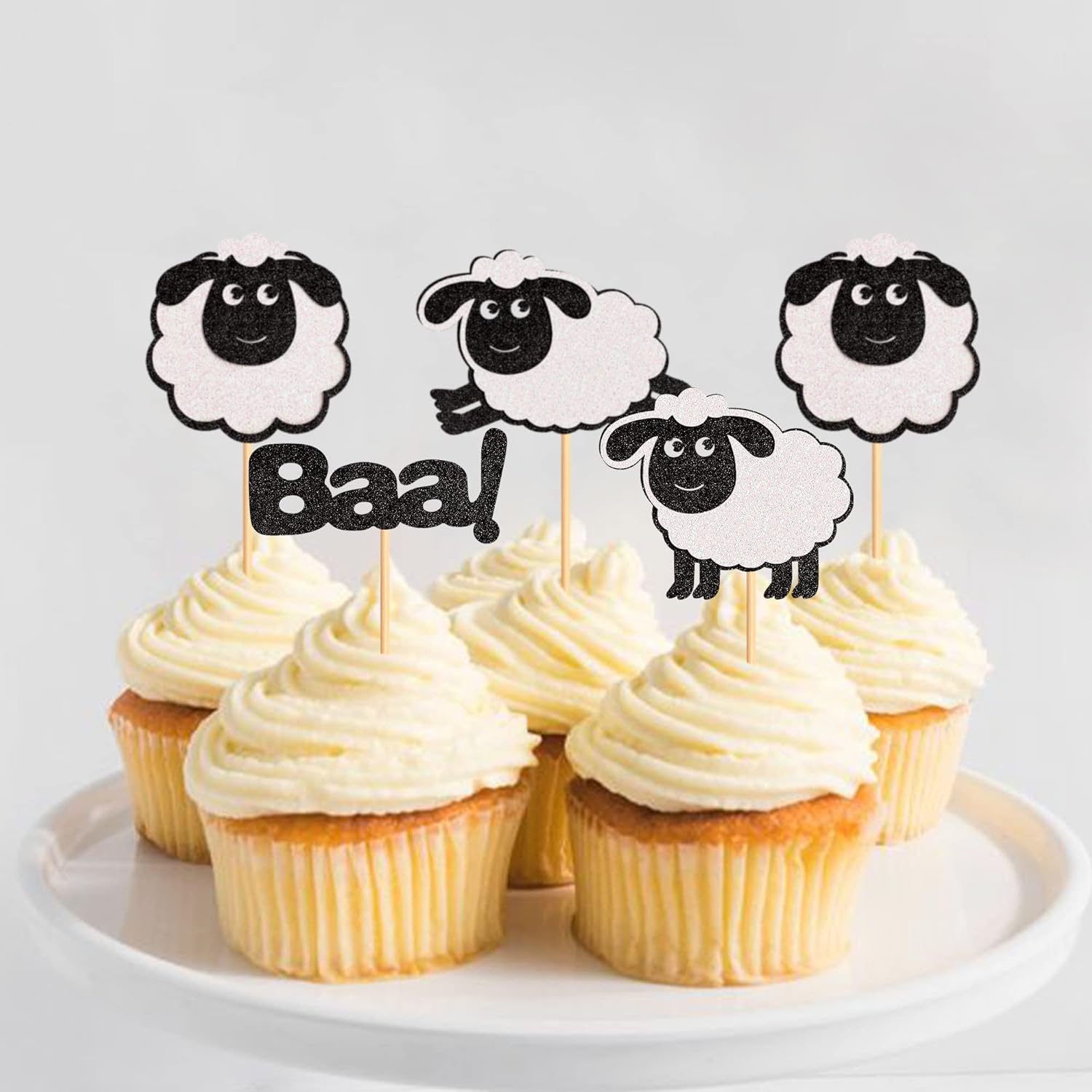 Ercadio Ercadio 24 Pack Black Glitter Sheep Cupcake Toppers Farm Animal Picks for Baby Shower Birthday Party Supplies - View 3 of 8