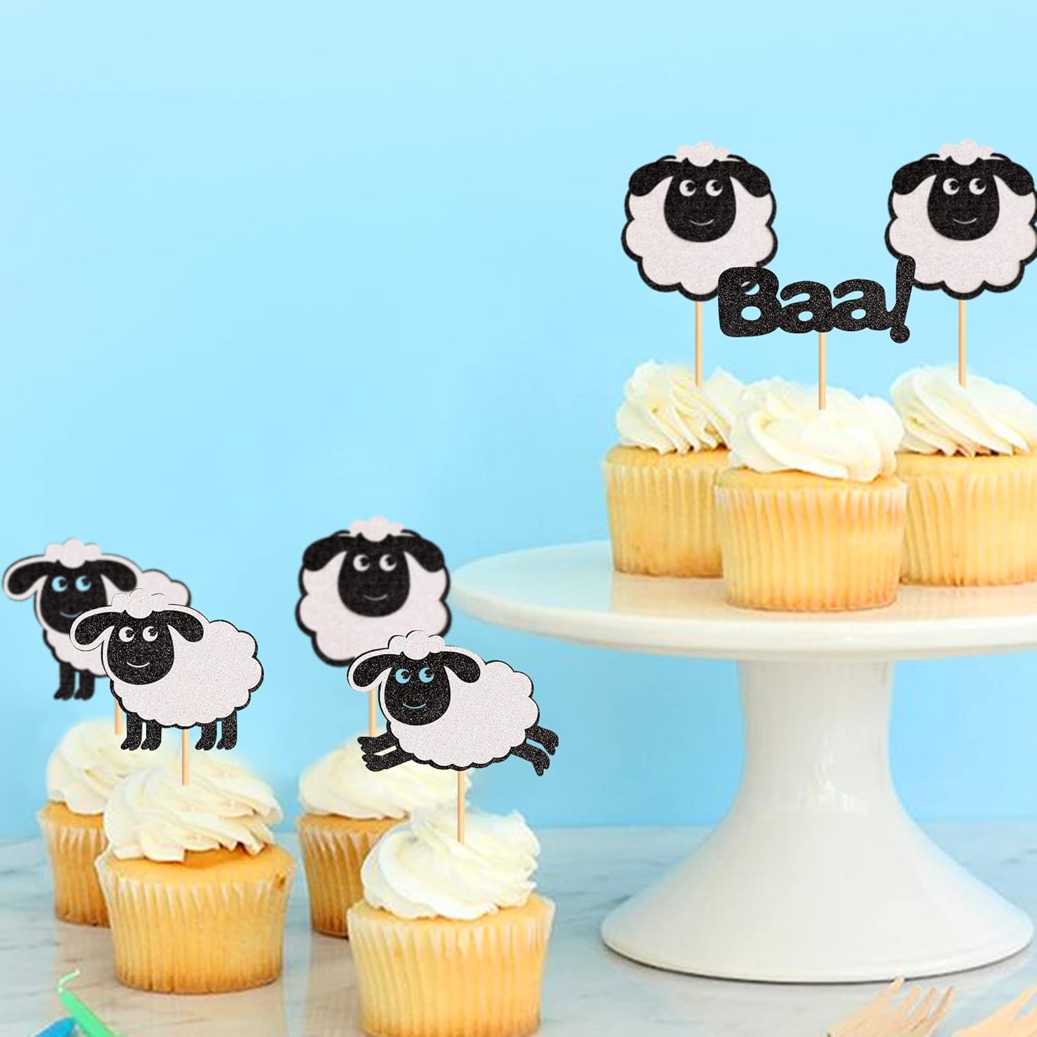 Ercadio Ercadio 24 Pack Black Glitter Sheep Cupcake Toppers Farm Animal Picks for Baby Shower Birthday Party Supplies - View 6 of 8