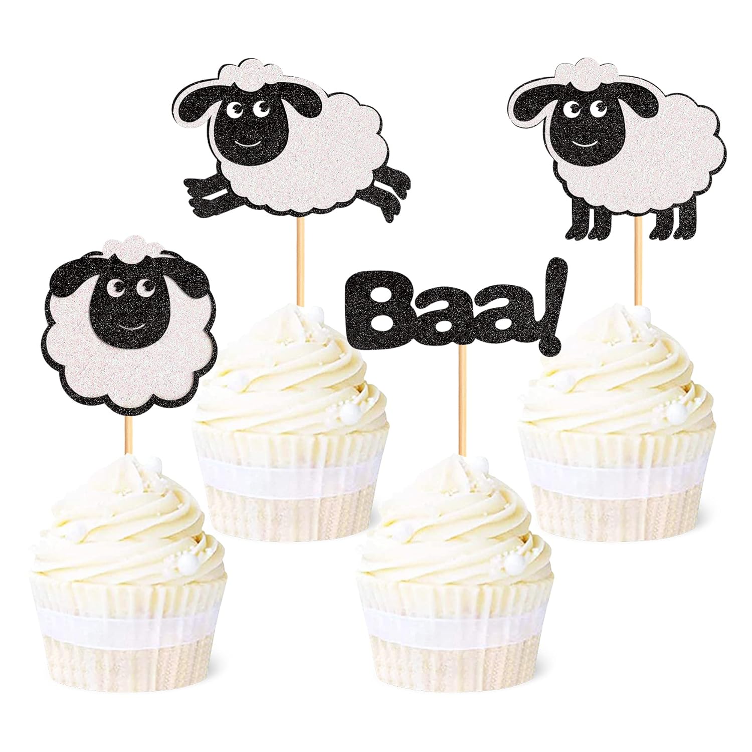 Ercadio Ercadio 24 Pack Black Glitter Sheep Cupcake Toppers Farm Animal Picks for Baby Shower Birthday Party Supplies