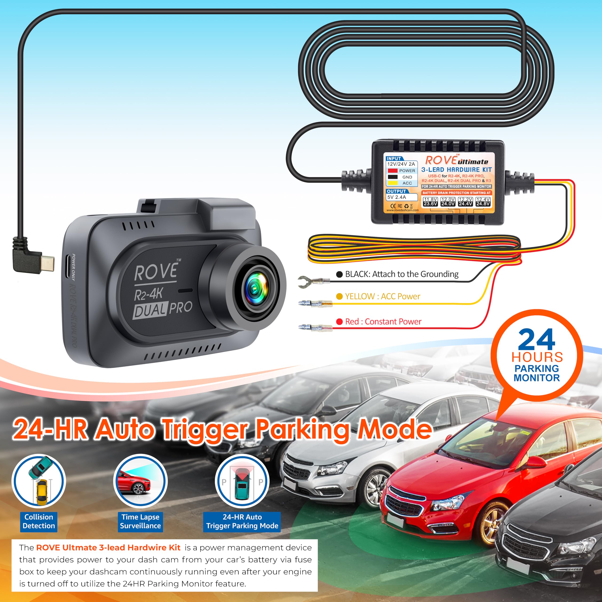 ROVE ROVE Ultimate Dash Cam Hardwire Kit USB-C for R2-4K R2-4K PRO R2-4K Dual R3 24Hr Parking Monitoring Low Voltage Protection - View 6 of 8