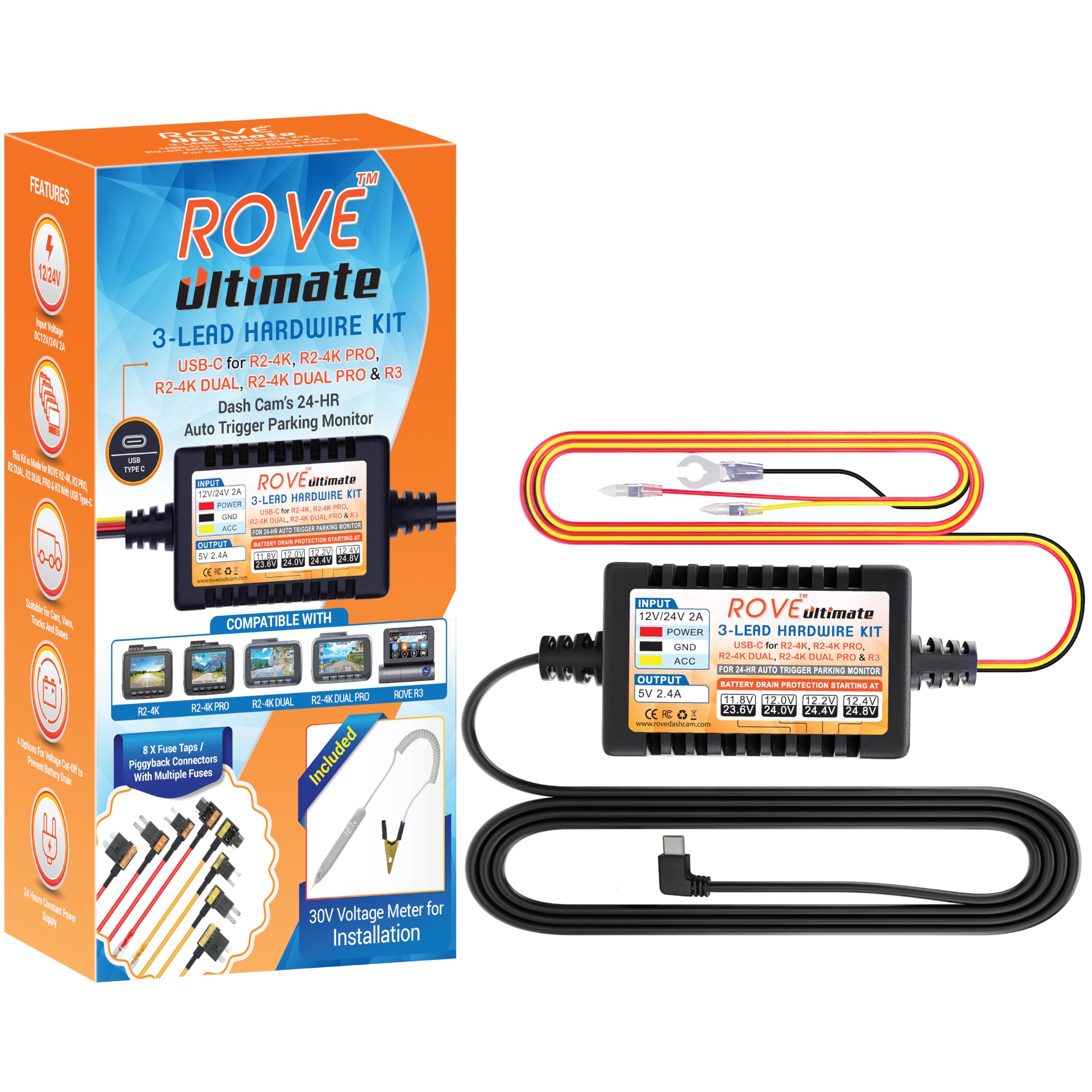 ROVE ROVE Ultimate Dash Cam Hardwire Kit USB-C for R2-4K R2-4K PRO R2-4K Dual R3 24Hr Parking Monitoring Low Voltage Protection