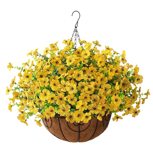 ZFProcess ZFProcess Artificial Faux Hanging Plants for Indoor Outdoor Garden Decor with Silk Daisy in 12inch Basket and Coconut Lining
