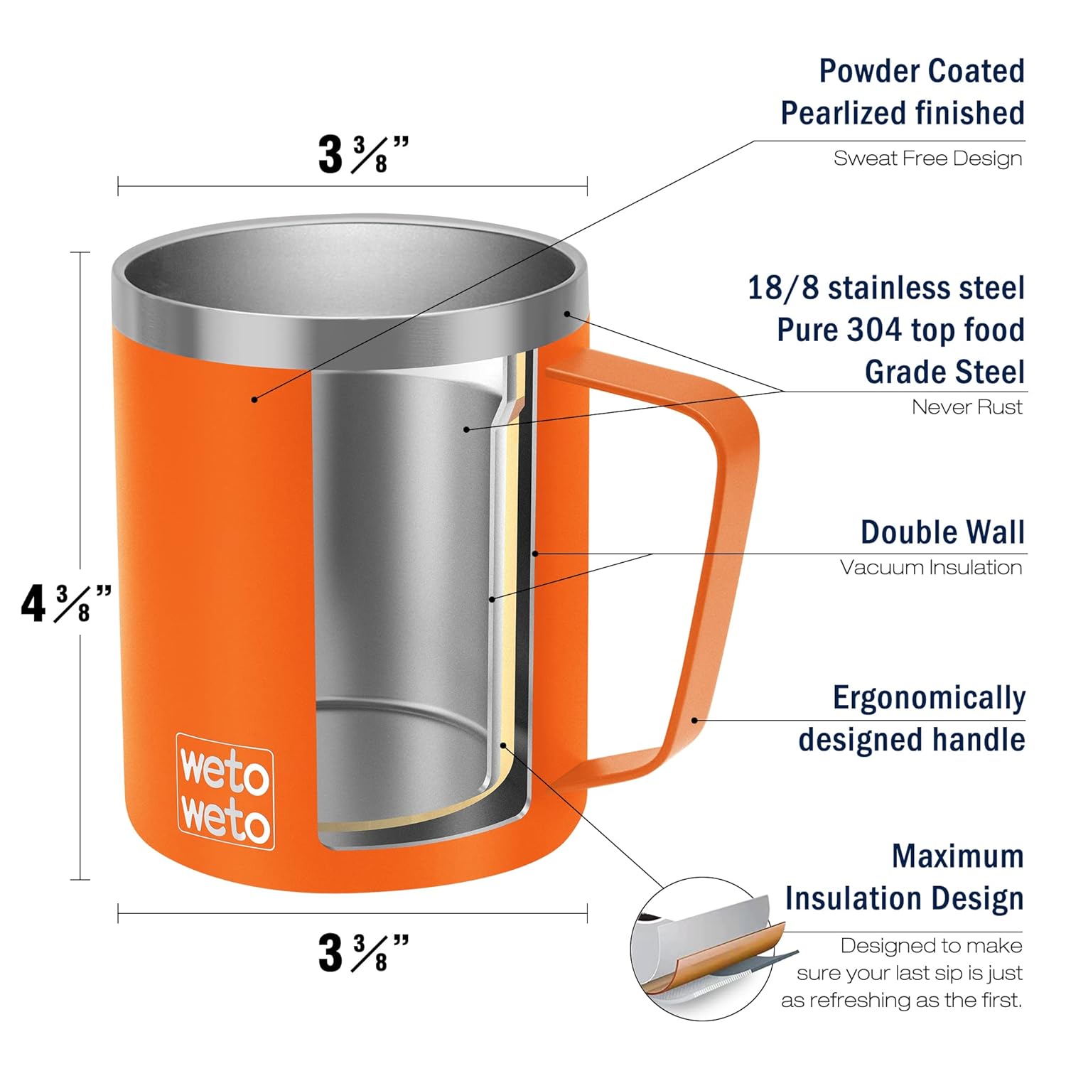WETOWETO WETOWETO 14 oz Vacuum Insulated Coffee Mug with Lid Double Wall Stainless Steel Travel Tumbler Outdoor Powder Coated Orange - View 3 of 9