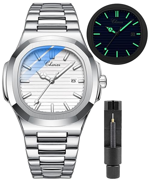 Gosasa Fashion Men Watches Luminous Calendar Casual Stainless Steel Quartz Waterproof Analog Display Wristwatch White