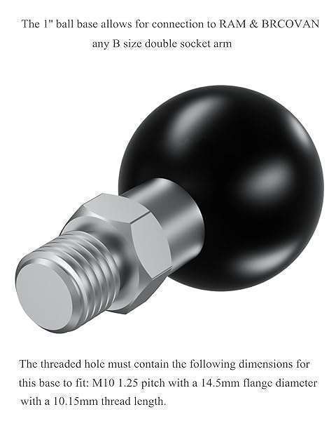 BRCOVAN BRCOVAN 2 Pack, 1&amp;#039;&amp;#039; Ball Adapter with M10 x 1.25 Threaded Post Compatible with RAM Mounts B Size Double Socket Arm - View 6 of 8