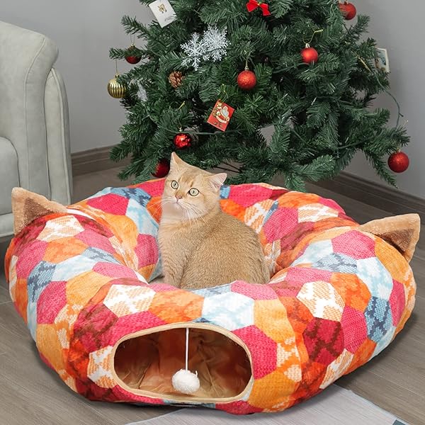 AUOON AUOON Cat Tunnel Bed with Central Mat Soft Plush Full Moon Shape Playground for Kittens Cats Puppies Rabbits Ferrets Orange