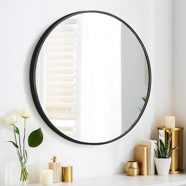 SCWF-GZ SCWF-GZ 24 Inch Round Wall Mirror Black Metal Frame for Entryway Bedroom Bathroom Living Room Hanging or Against Wall Dressing Make-up