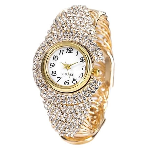 Weicam Weicam Women Elegant Crystal Bangle Bracelet Round Dial Analog Quartz Wristwatch Gold