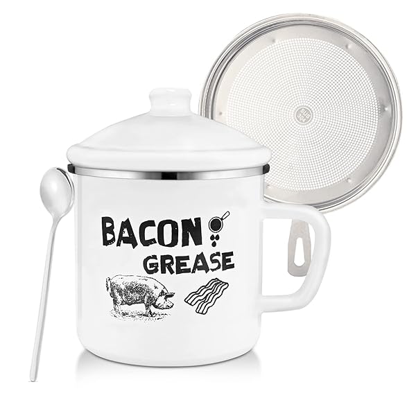 BokingOne 1.5L Bacon Grease Container with Strainer Large Enamel Rustic Farmhouse Fat Keeper with Lid and Spoon for Kitchen Cooking and Frying Oil