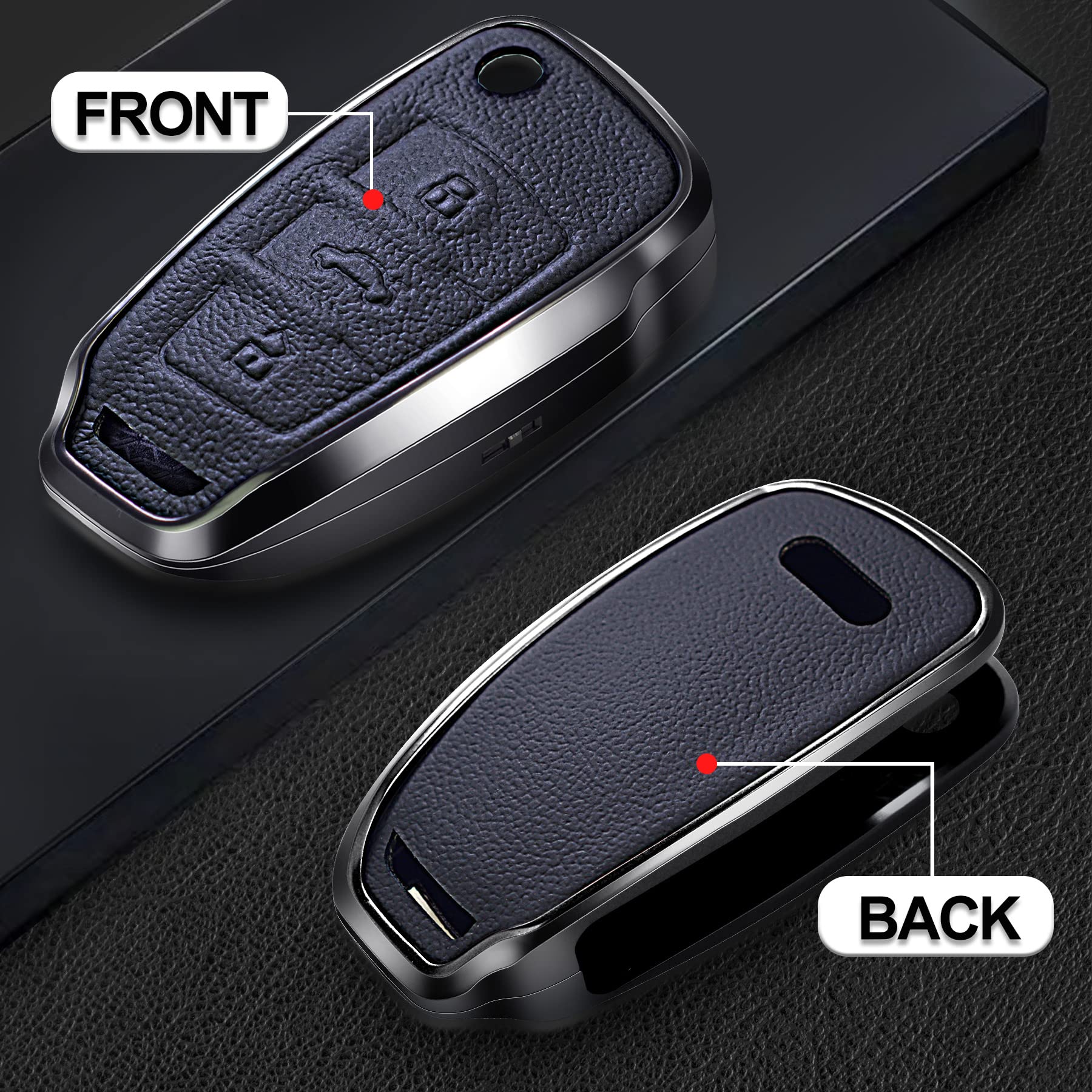 SK CUSTOM Black Leather Aluminum Frame Smart Key Case Cover for Audi A1 A3 A4 A5 A6 A8 Q3 Q5 Q7 R8 RS4 S3 S4 S5 S6 S8 TT 3 Button - View 2 of 6