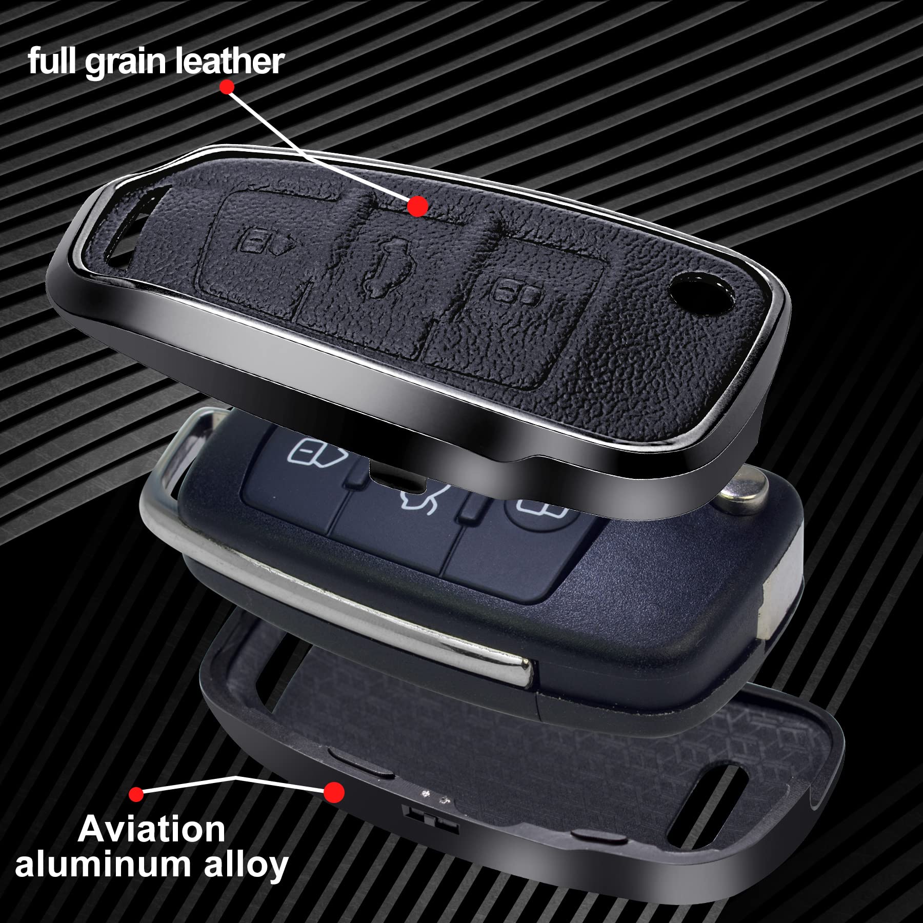 SK CUSTOM Black Leather Aluminum Frame Smart Key Case Cover for Audi A1 A3 A4 A5 A6 A8 Q3 Q5 Q7 R8 RS4 S3 S4 S5 S6 S8 TT 3 Button - View 5 of 6