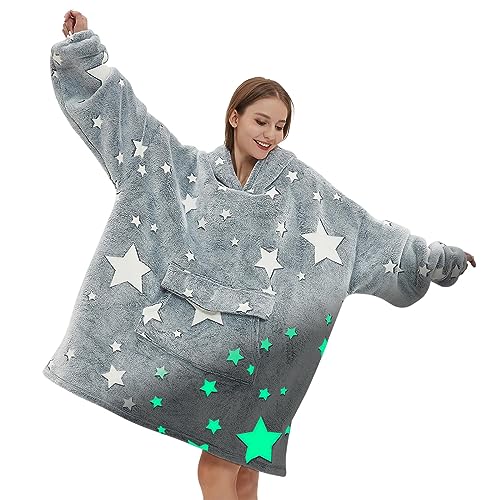 Mewkou Glow in The Dark Wearable Blanket Hoodie Oversized Sherpa Fleece for Adults with Luminous Stars Ideal for Men and Women