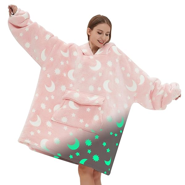 Mewkou Glow in The Dark Wearable Blanket Hoodie Oversized Sherpa Fleece for Adults with Luminous Moon and Stars Design