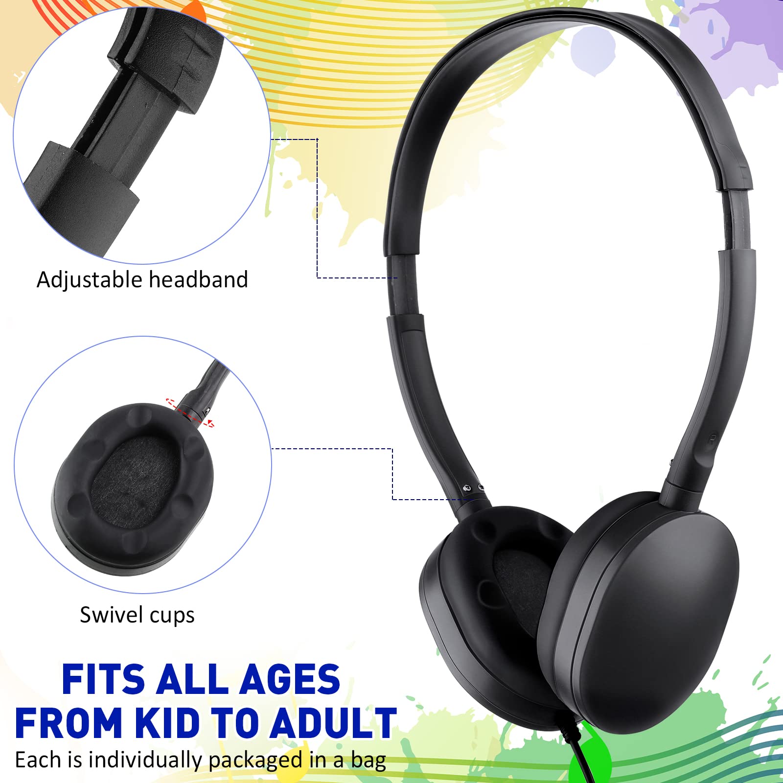 Konohan 18 Pack Class Set Headphones for Students Adjustable Wired Earphones for Classroom School Teacher Supplies Black - View 2 of 7