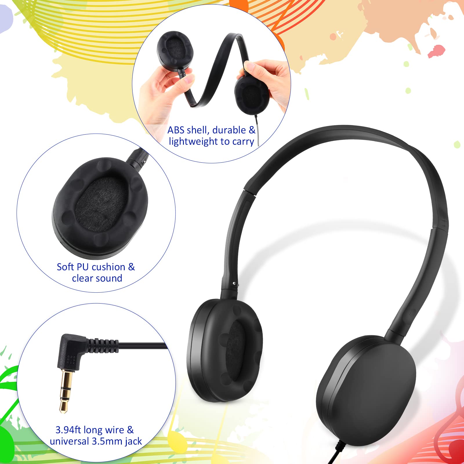 Konohan 18 Pack Class Set Headphones for Students Adjustable Wired Earphones for Classroom School Teacher Supplies Black - View 3 of 7