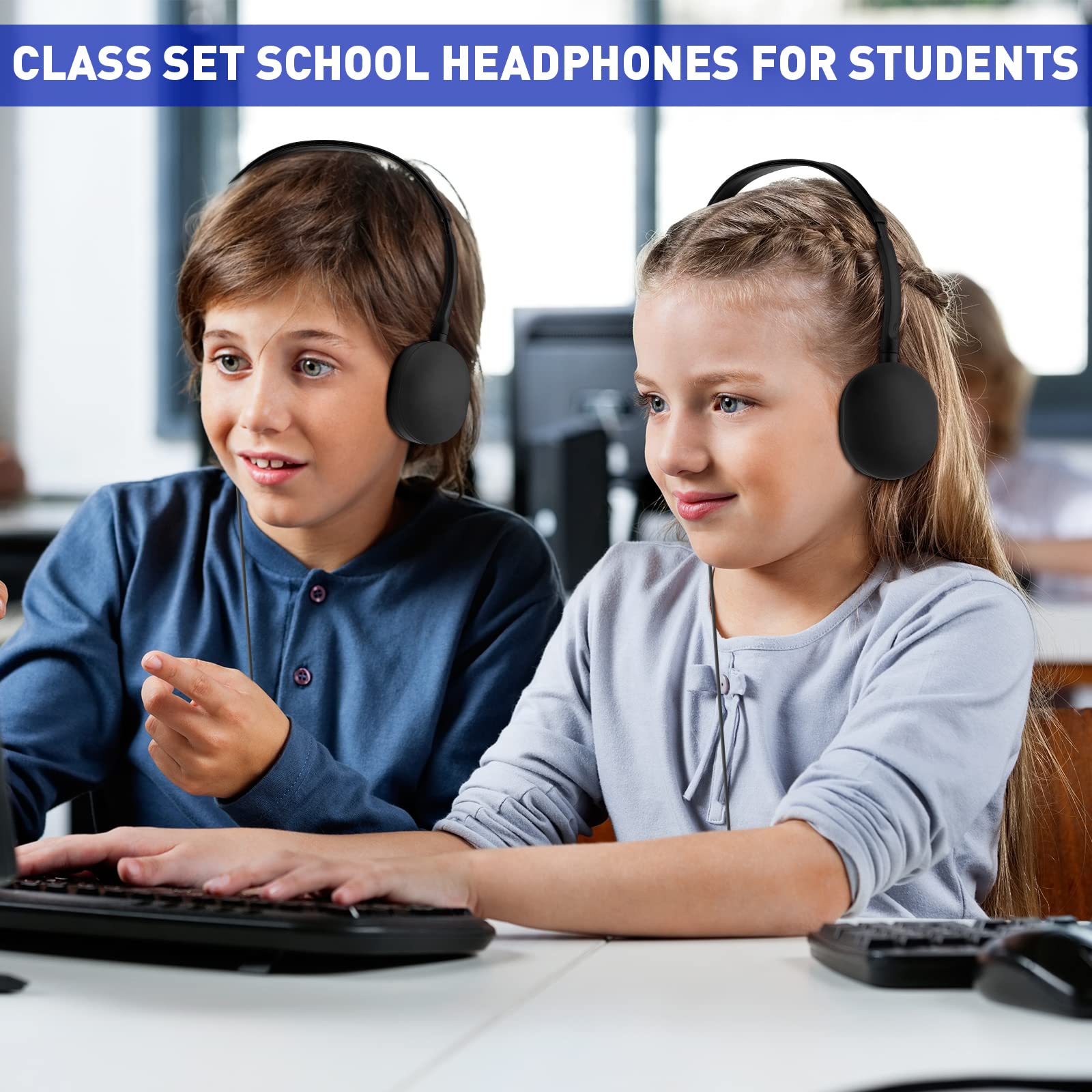 Konohan 18 Pack Class Set Headphones for Students Adjustable Wired Earphones for Classroom School Teacher Supplies Black - View 4 of 7