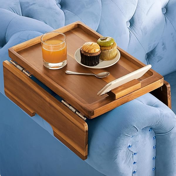 BLUEWEST Sofa Armrest Tray, Arm Table Sofa Arm Tray Clip on Tray Table, Sofa Tray Table for Couch, Folding Snack Table with 360 Rotating Phone Bracket, Non-slip/Flexible with Different Armrest Shapes and Width