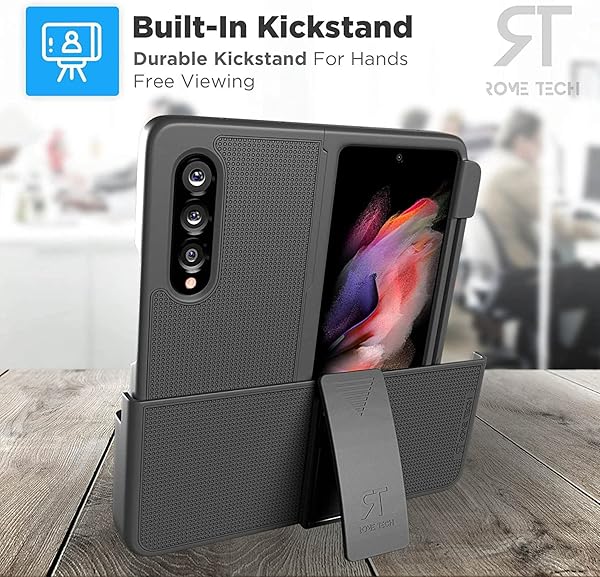 Rome Tech Rome Tech Belt Clip Holster Case with Pen Holder for Galaxy Z Fold 3 Heavy Duty Rugged Slide Phone Cover Black - View 7 of 8