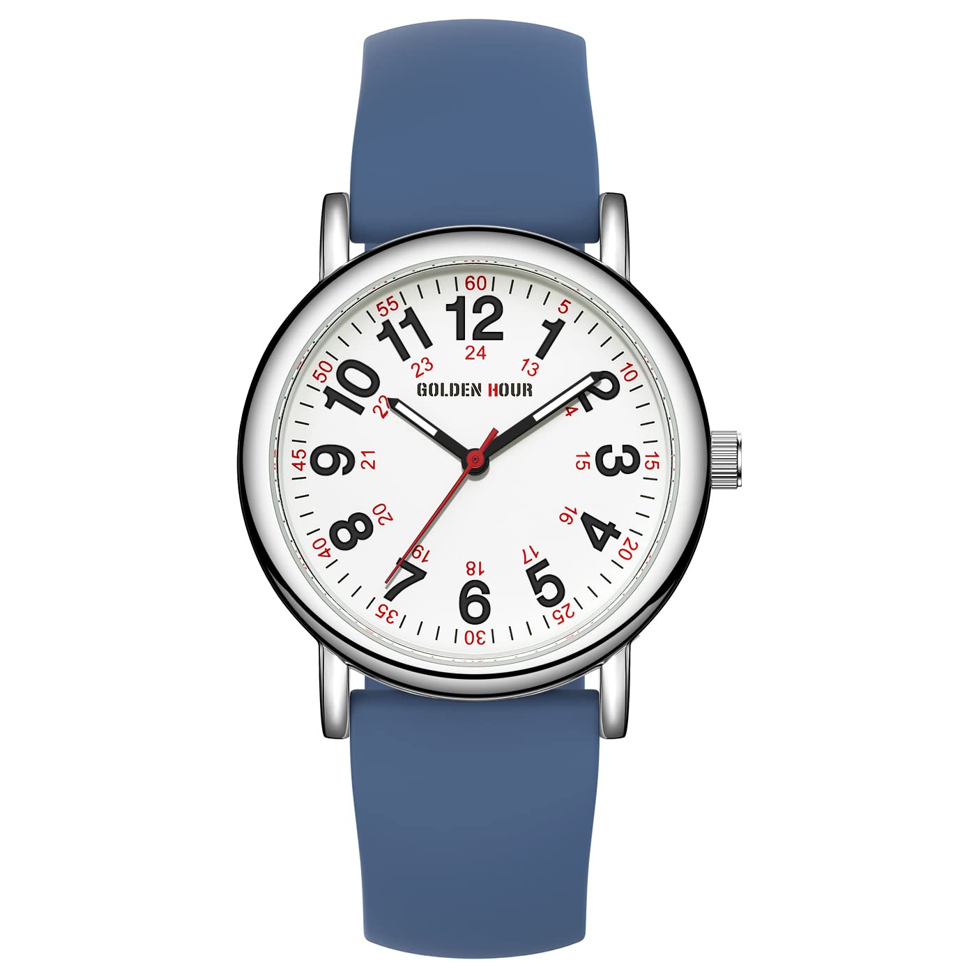 Golden Hour Waterproof Nurse Watch 38mm 24 Hour Luminous Dial Red Second Hand Silicone Band Navy Blue - View 2 of 8